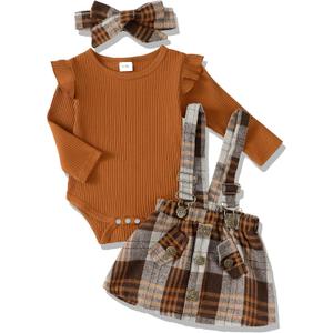 Newborn Infant Baby Girl Dress Clothes Winter Outfits Top Romper Overalls Dresses Suspender Skirt Set for Girls (0-3 Months, Coffee Plaid)