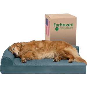 Furhaven Cooling Gel Dog Bed for Large Dogs w/ Removable Bolsters & Washable Cover, For Dogs Up to 95 lbs - Pinsonic Quilted Paw L Shaped Chaise - Bluestone, Jumbo/XL (40.0"L x 32.0"W x 8.0"Th)