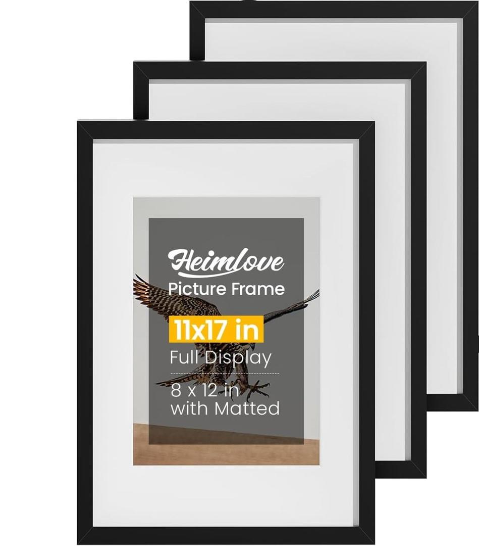 11x17 Picture Frame Set of 3, Display 8x12 Pictures with Mat or 11x17 without Mat, Black 8x12 Photo Frames Tabletop or Wall Mount Display for Poster Diploma Certificate Document Prints Photos Paintings