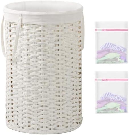 SETVSON Large Laundry Hamper Laundry Basket Round 34.3 Gal (130 L) Handwoven Wicker Laundry Baskets Rattan Laundry Basket with Removable Bag Handles 2 Mesh Bags for Living Room Bedroom White