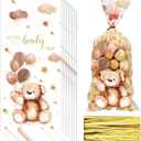 Maitys 100 Pieces Bear Treats Cellophane Bags Treats Bags Plastic Goodie Candy Bags with Gold Twist Ties Gift Bags for Boys Girls Favor, Brown, Cute Style