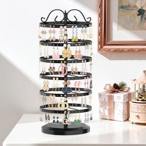iDavosic.ly 6 Tier Metal Rotating Earring Holder Organizer, 264 Holes Large Stud Storage Display Stands Tree Rack, Adjustable Pierced Hoop Dangle Tower for Women, Black