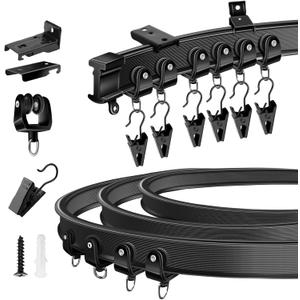 KOLAKO Ceiling Curtain Track, Flexible Bendable Curtain Track Wall or Ceiling Mount, Black 8.2Ft Curved Curtain Tracks System Sliding RV Shower Curtain Rail Track with Clips, Room Divider