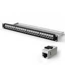 VCELINK 24 Port Shielded Cat6A Keystone Patch Panel, 1U 19-Inch All Metal Ethernet Patch Panel with Inline Keystone and Cable Management Bar, 1.5mm SPCC Network Distribution Frame with Grounding Wire