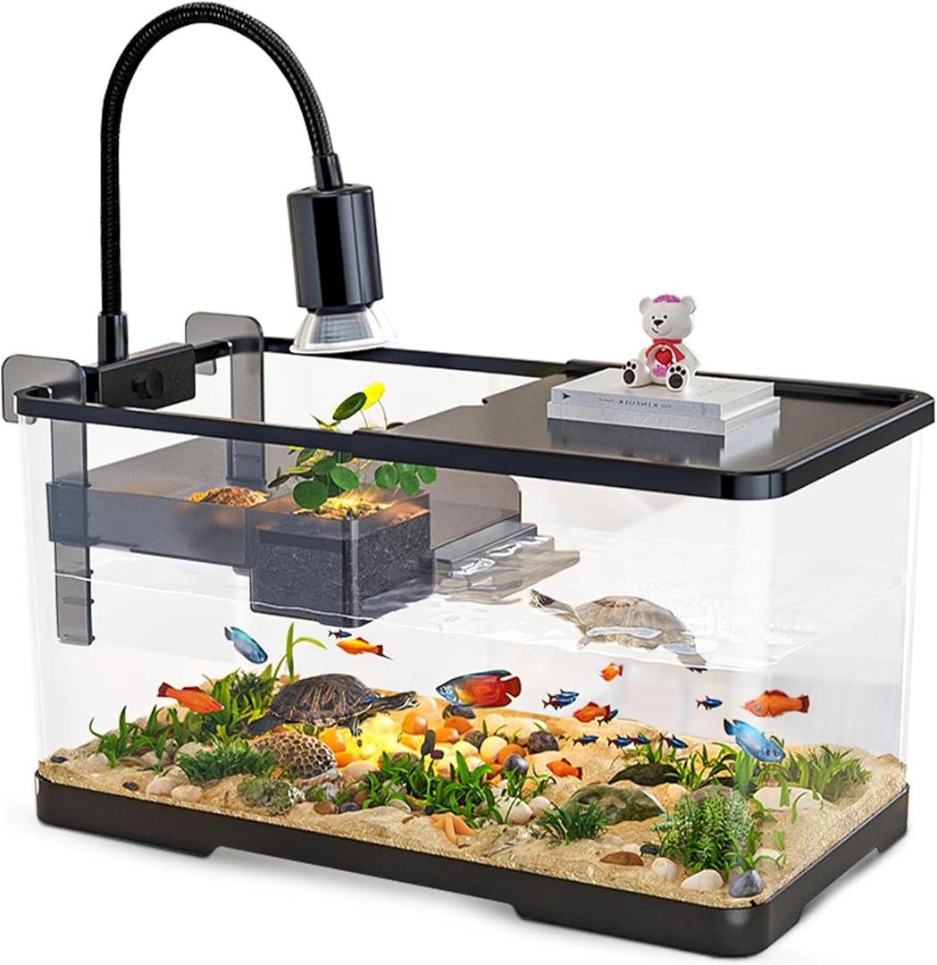 (Tank + Light + Filter + Filter Balls) Turtle Tank Kit, Turtle Tank Starter Kit,Bottom Drainage, Multi-Function Areas for Turtles, Crabs,Fishes, Amphibians,Reptiles. (21.65  12.28  12.28 Inch) (XL+Light+Filter+Filter Balls)