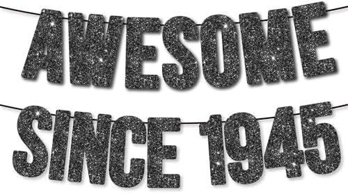 Pre-Strung Awesome Since 1945 Banner for 80th Birthday Party Decoration,Happy 80th Men Women Birthday Party Banner,Handmade - Black