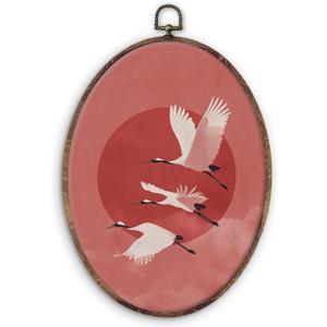 DILSJ Vintage Japandi Crane Oval Wall Art Decor, Japanese Sunrise Bird Canvas Wall Art Framed, Japanese Red Sun Hanging Decorations for Living Room Bedroom Home, 11x8.5 Inch