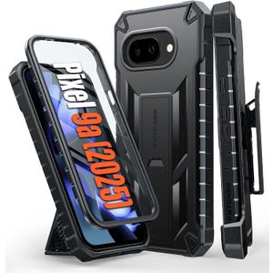 FNTCASE for Google Pixel 9A Case: Military Grade Rugged Cell Phone Cover with Kickstand & Belt Clip Holster | Shockproof TPU Protection Bumper Matte Textured Design | Heavy Duty Protector(Black)