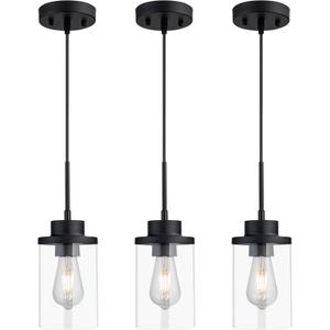 Modern Black Farmhouse Clear Glass Cylinder Pendant Light Fixture, Single Hanging Pendant Lighting for Kitchen Island, Dining Room, Bedroom & Hallway(3 Packs)