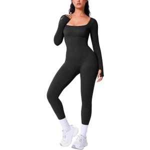 BRXL Long Sleeve Jumpsuit for Women Built-In Bra Workout Yoga Full Body Suits Shapewear One Piece Bodycon Jumpsuits (Large, Black)