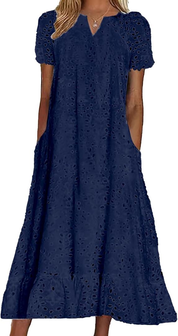 chouyatou Women Summer Ruffle Hem Floral Lace Eyelet Dress Casual Notch Neck Midi Tunic Dress with Pocket (X-Large, Navy Blue)
