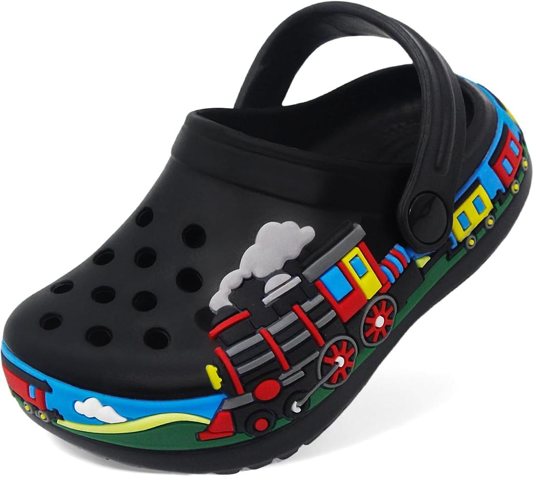 Boys Girls Toddler Clogs Little Kids Slip on Slides Sandals Slippers Cute Cartoon Train Pattern Garden Clogs Summer Indoor Outdoor Beach Pool Water Shoes, Size 25