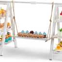 Wooden 3 Tier Swing Cupcake Stand with Serving Platter 20x30 Foldable Ladder Stand Dessert Display Cake Snack Fruit Bread Centerpieces for Party, Birthday, Wedding, Baby Shower(Rustic White)