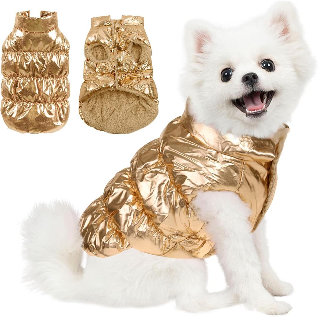 AOFITEE Dog Coat, Waterproof Dog Jacket, Winter Coats for Small Dogs, Windproof Dogs Puffer Jacket, Fleece Pet Snowsuit Puffer Vest with Snap Closure, Cold Weather Coats for Boy Girl Puppy, Gold, Small