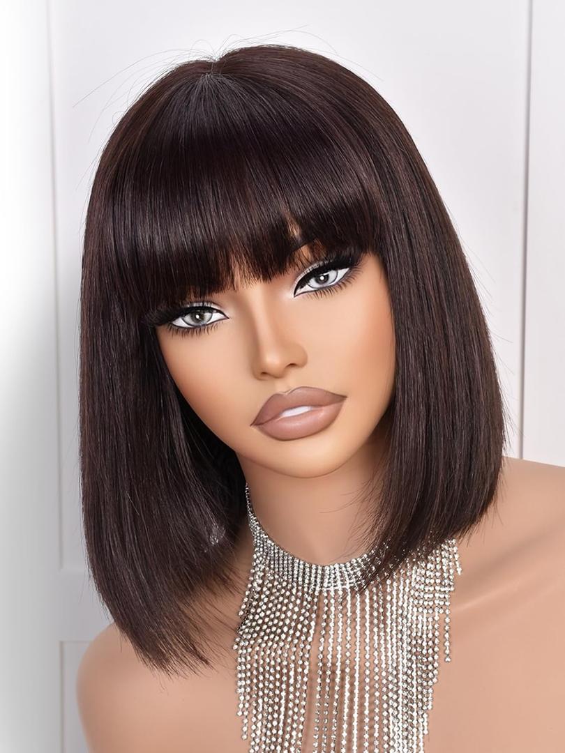 Bob Wigs Human Hair 210% Density bob Wig with Bangs Dark Brown 100% Human Hair Wigs for Black Women Pre-Bleached Glueless Straight Bob Wigs(10InchDark Brown wig)