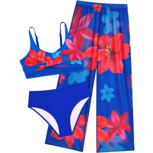 Girls Swimsuit 3 Piece Bikini Bathing Suit Criss Cross Swimwear Sets with Mesh Cover Up Pants 6-16Y