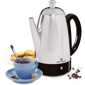 West Bend Electric Percolator Classic Style Coffee Maker with Heat Resistant Handle Base and Detachable Cord with Stainless Steel Stem and Basket, 12-Cup, Silver