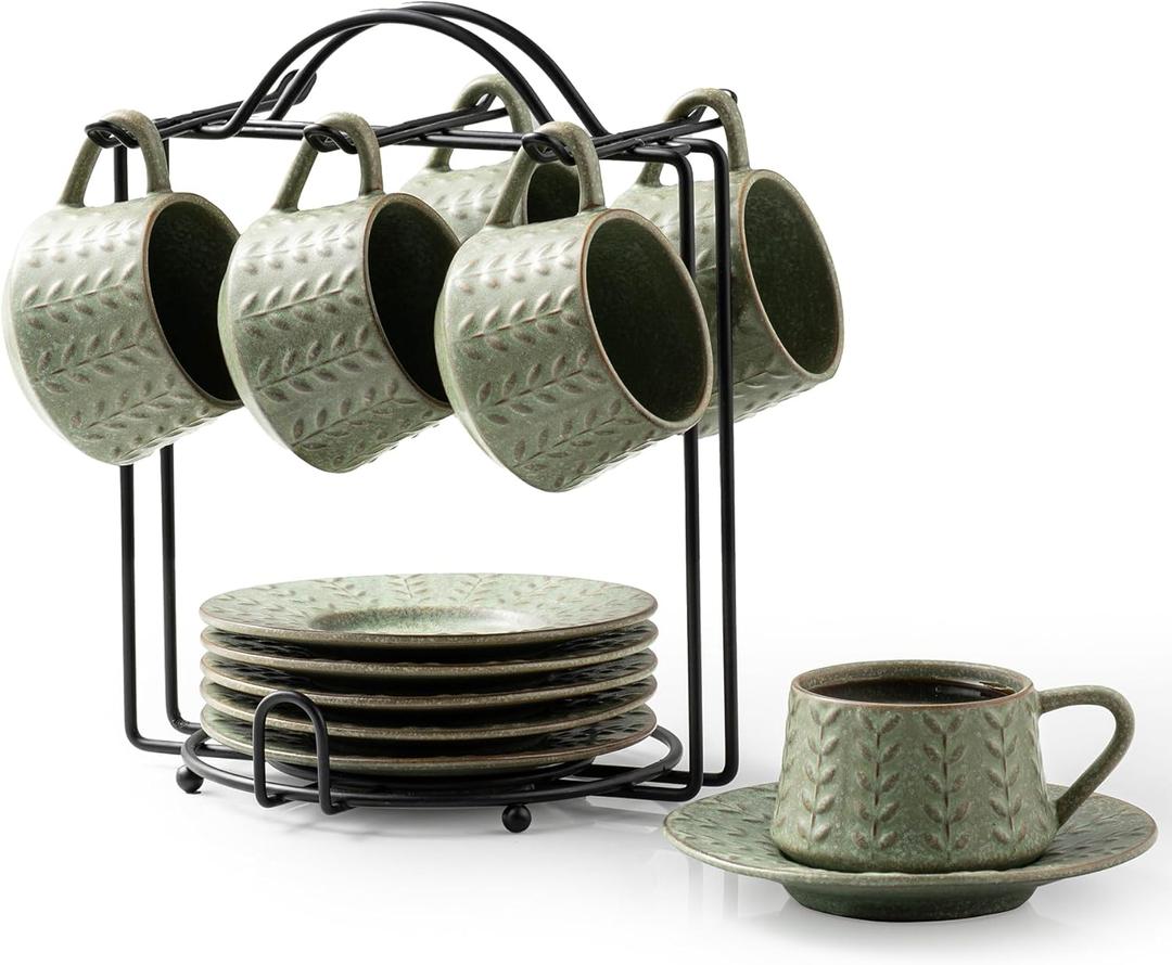 Espresso Cups Set of 6, 4 oz Demitasse Cups with Saucer and Metal Stand Small Coffee Cup Set, Porcelain Cappuccino Cups for Latte, Cafe Mocha and Tea, Green