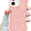 Jusy Butterfly Phone Case for iPhone 12/12 Pro, Compatible with MagSafe, Silicone Cute Butterfly Curly Wave Edge Phone Case, Slim Shockproof Protective Phone Cover for Women Girls, Pink