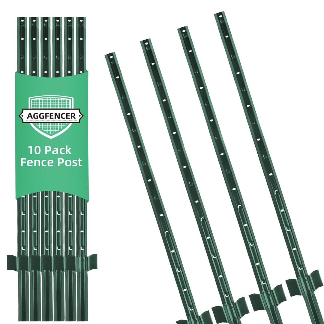 4 Ft Fence Post 10Pack, U Post for Wire Fencing, Heavy Duty No Dig Green Metal T Posts for Yard and Outdoor