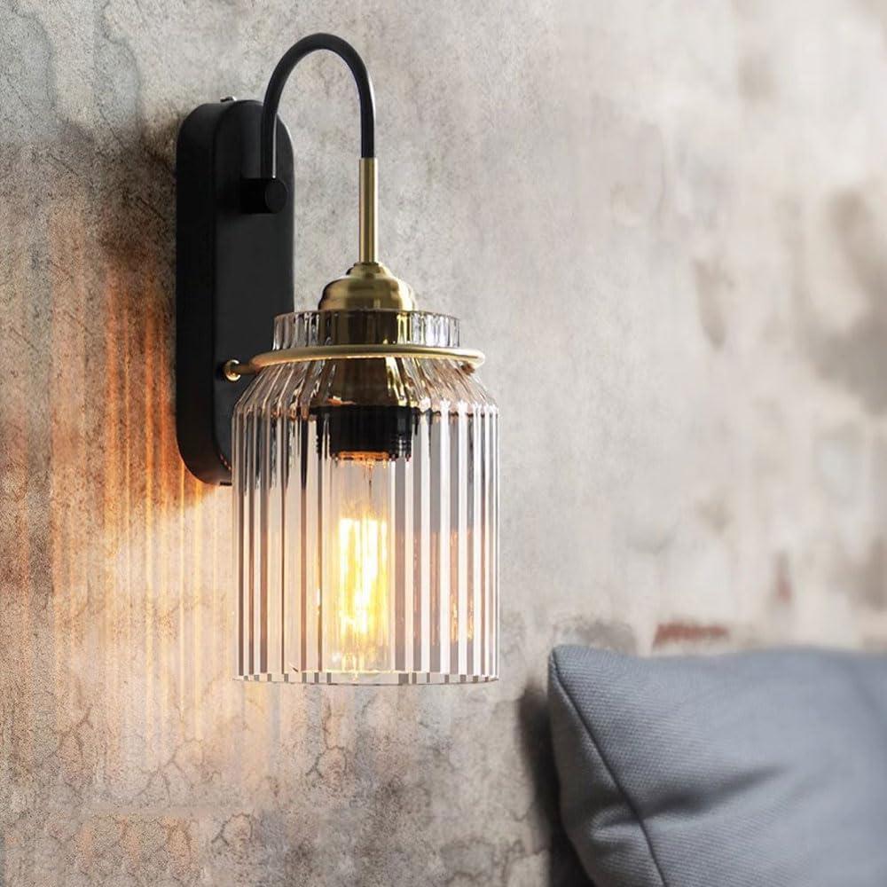 Vintage Wall Sconce with Clear Glass Shade, Modern Industrial Wall Light Fixture, Brass & Black Wall Lamp for Bedroom, Hallway, Bathroom Vanity, Indoor Lighting  E26 Base