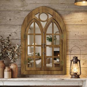 Arched Window Mirror for Wall Decor,Farmhouse Window Pane Mirror | Open & Close Design, Rustic Wood Wall Mirror for Living Room, Entryway, Bedroom Decorative (28" x 41", Walnut, 1 Pack)