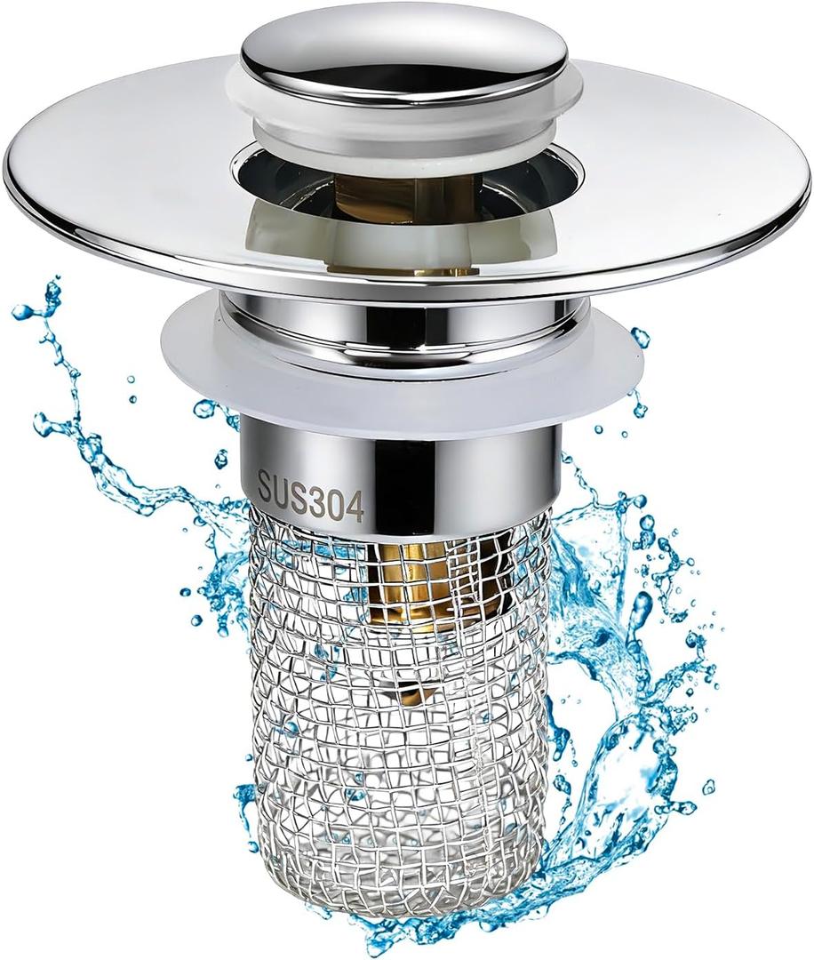 Universal Bathroom Sink Stopper & Hair Catcher, Stainless Steel Drain Filter Strainer, Anti-Clog Pop Up Drain Stopper for US Standard Bathroom Sinks (1PC)