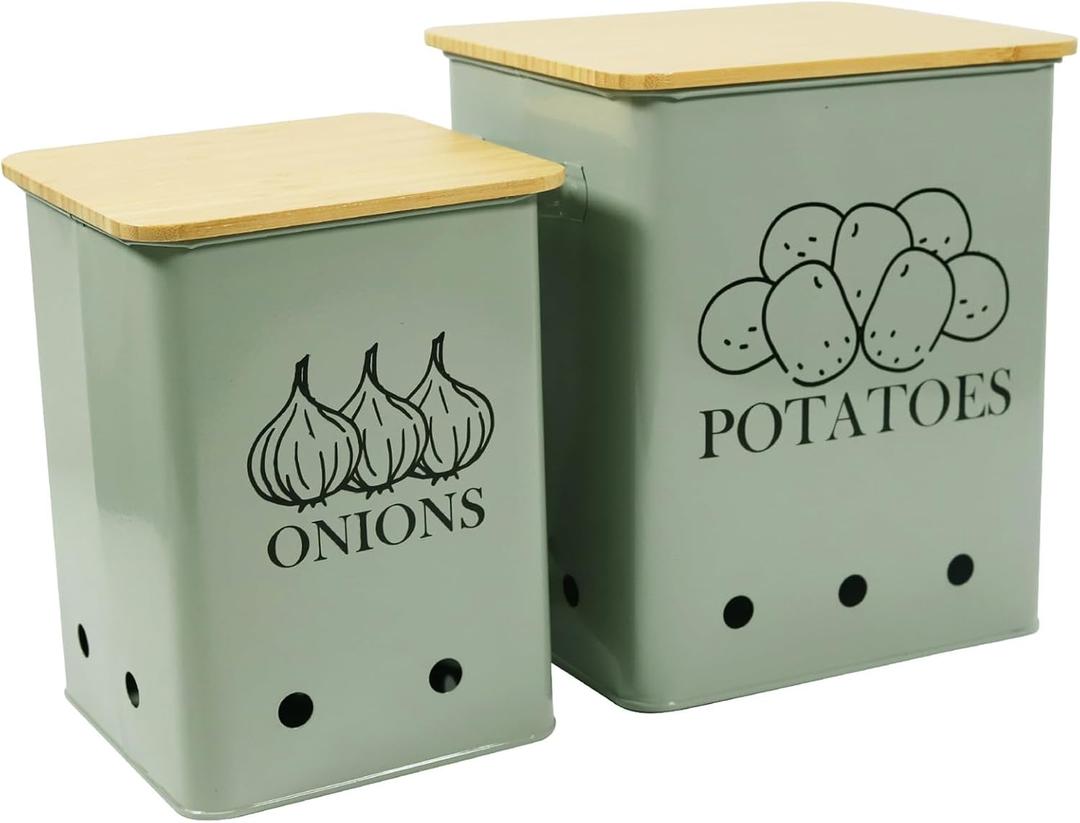 Kitchen Vegetable Storage Tins Set of 2 for Potatoes, Onion, with wooden lid Garlic Bin Caddy, Long Shelf Life-Grayish Green