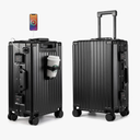 MYER Hard Case 24 Inch Checked Luggage with Spinner Wheels,Aluminum Luggage with 100% 3-Layer PC,Hard Shell Suitcases with Wheels,Cup Holder and USB Port (Classic Black, 24 inch)