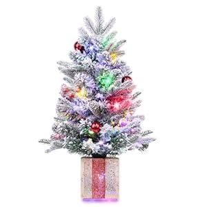 Brightever 2FT Small Christmas Tree, Prelit Mini Christmas Tree with 50 Multi-Color LED Lights, Gold Gift Box Base, Battery Operated Little Xmas Tree for Table Top, Pinecone & Berries Included, Green