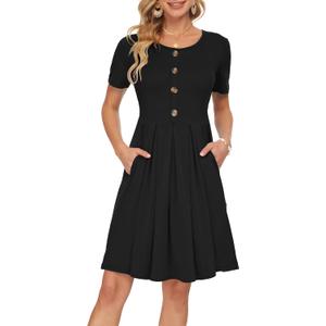 AUSELILY Women's Short Sleeve Summer Dress Pleated Button Down Knee Length Dresses with Pockets 2026 New (XXL)