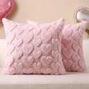 Softalker Pink Heart Pillow Covers 18 x 18 Inch Set of 2, Spring Summer Soft Faux Fur Cushion Covers, 3D Embroidered Pillow Cases for Girl's Room Decor