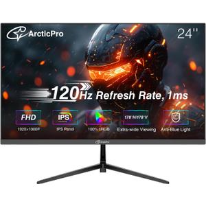 ArcticPro 24-inch Monitor 120Hz, FHD 1080p, Computer Monitor, IPS, 99% sRGB, Adaptive Sync, 1ms Response Time, 3-Sided Frameless, Ultra Slim, VESA Mountable, Anti-Blue Light Design, HDMI & VGA Ports