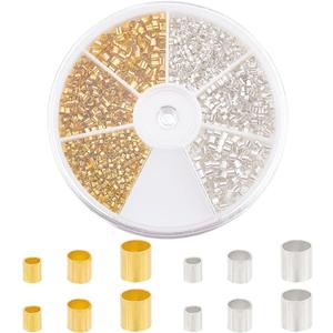 PH PandaHall Crimp Tube Beads, 3000 Pcs 1.5mm 2mm 2.5mm Brass Tube Crimp End Spacer Beads Cord End Caps Loose Stopper Bead for Earring Necklace Pendant DIY Jewelry Gift Making, Golden/Silver (3 Sizes-Diameter 1.5~2.5mm)