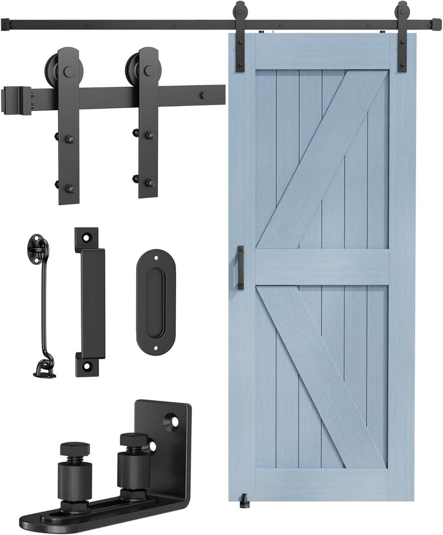 Barn Door Hardware Kit -6.6FT Sliding Door Hardware with Adjustable Floor Guide, 2 Handles and Latch -Fit 36''-40'' Wide Panel, I Shape Hanger, Black