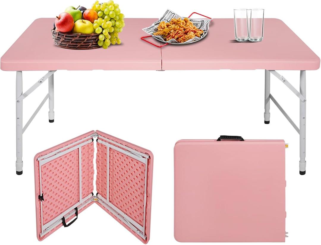 Portable Plastic Folding Table 4ft Heavy Duty White Black Picnic Dining Table Fold-in-Half for Camp Party Kitchen Indoor Outdoor