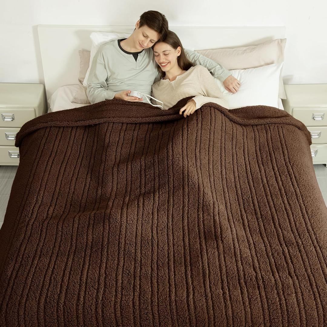 King Size Heated Blanket Single Control - Soft Double Sided Sherpa Electric Blanket with 6 Heating Levels & 10 hrs Timer Settings, Washable & Overheat Protection for Bed, Brown