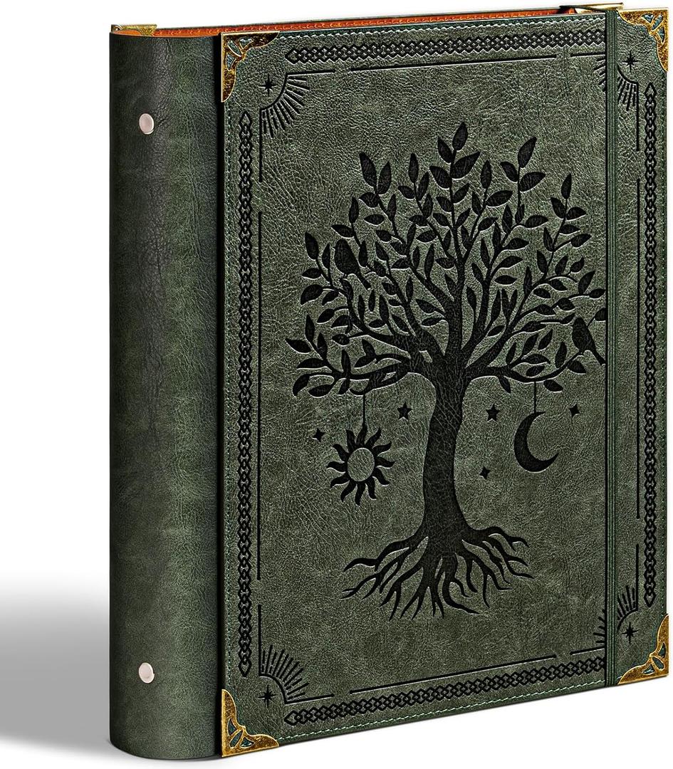 PU Leather 3 Ring Binder Fits 8.5"x11" Letter Size Paper, 2 Inch Round Ring Binder Holds 500 Sheets, Notepad Paper Cover Loose Leaf Organizer, Green Tree