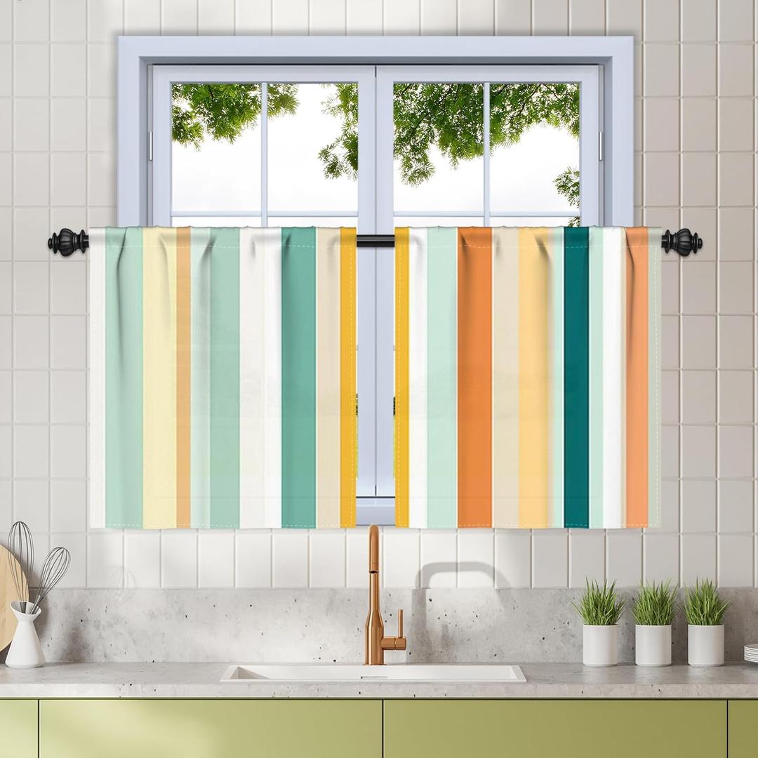 Renaiss 26 x 36 Inch Colorful Striped Kitchen Curtains Short Rustic Stripe Printed Cafe Small Curtain Farmhous Light Filtering Window Treatment Tiers for Bathroom Rod Pocket Curtain Drapes 2 Panels