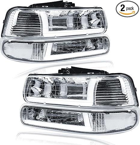 LED DRL Headlights Assembly for 1999-2002 Chevy Silverado 1500 2500 1500HD 2500HD 3500HD 2000-2006 Suburban Tahoe Headlamp Clear Reflector Chrome Housing