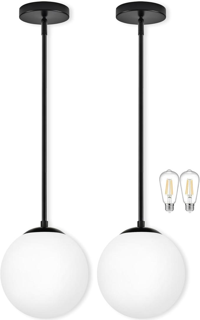 Bagood 10" Globe Pendant Light Black 2 Pack Mid Century Pendant Light Globe Pendant Lights Kitchen Island Matte Black Finished with Milk Glass Adjustable Ceiling Light Fixtures for Dining Room Bar