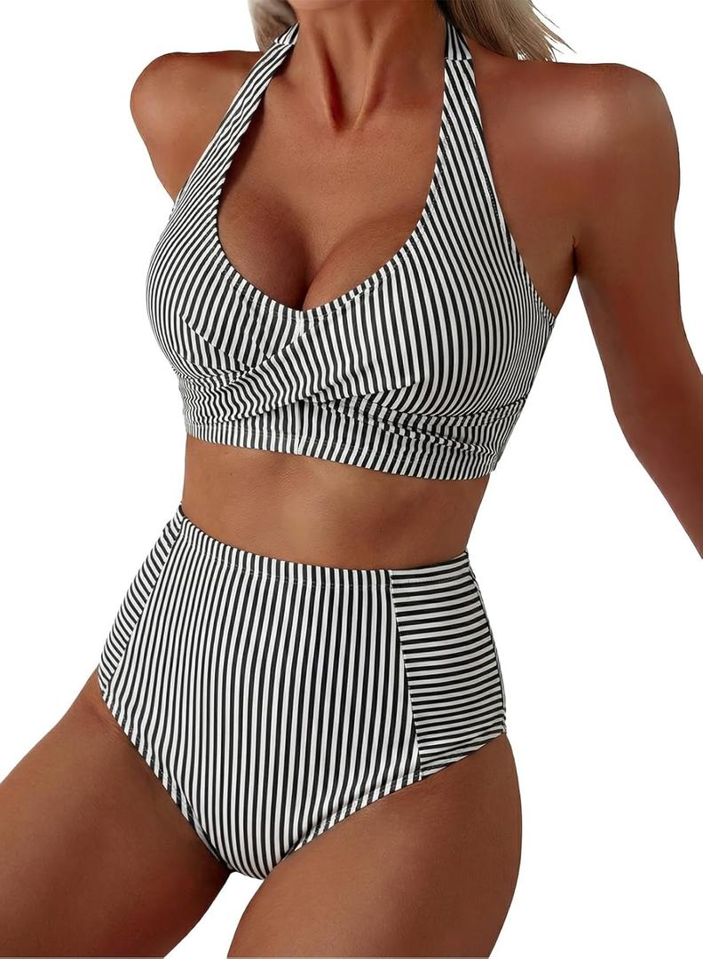Herseas Women's High Waisted 2 Piece Bikini Sets Halter Patch Pocket Swimsuits Striped Bathing Suit Beach Swimwear 2026 (Medium)