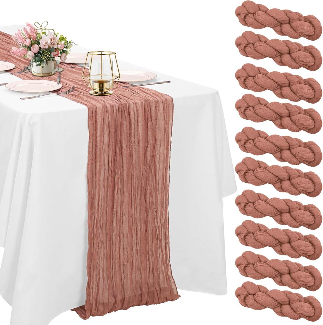 10 Pack Dusty Blush Cheesecloth Table Runner 10FT Boho Gauze Fabric Table Runner Vintage Rustic Sheer Runners for Wedding Party Bridal Baby Shower Long Table Decorations