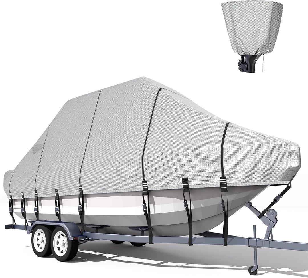 Trailerable T-Top Boat Cover 1200D Solution Dyed Hard Top/T Top Boat Cover with 21 Windproof Straps, Motor Cover (Gray, 21'-23 Long, Beam Width Up to 106")