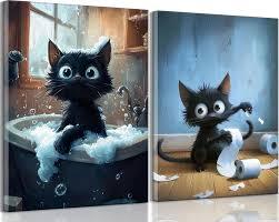 2Pcs Funny Black Cat Bathroom Canvas Wall Art Cute Pets Cat Paintings Pictures Wall Decor Animals Bathroom Poster Printing Artwork for Home Farmhouse Toilet Lavatory Restroom Home Decoration