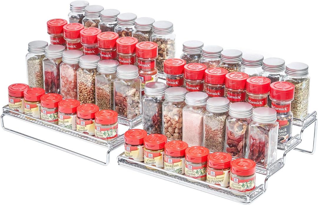 GONGSHI Spice Rack Organizer for Cabinet, 4 Tier Seasoning Organizer, Expandable Shelf,Step Storage Holder, Kitchen Cabinet Countertop,with Protection Railing, Metal (Chrome2 PC)