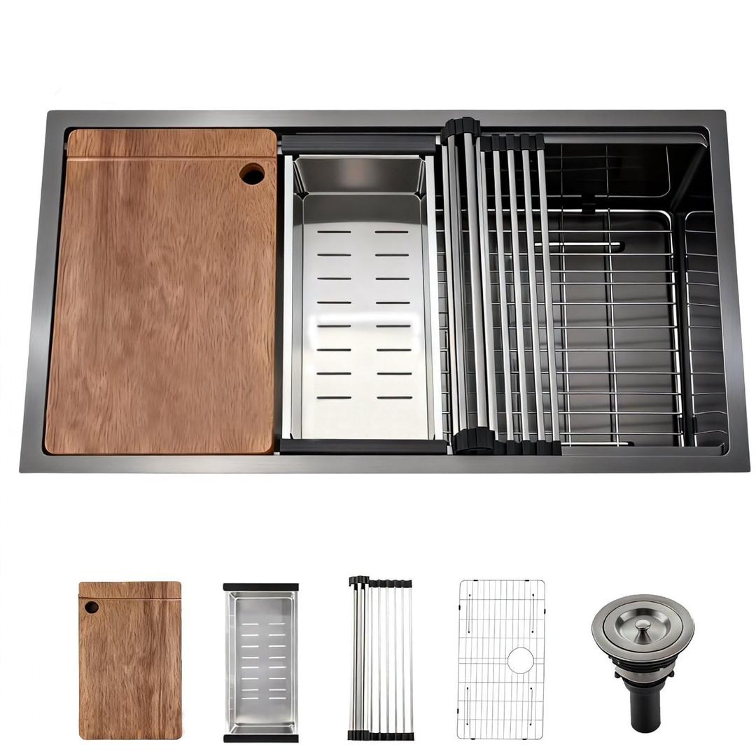 Stainless Steel Kitchen Sink : 28-Inch Undermount Single Bowl Farmhouse Workstation Sink - Noise Reducing Design & Accessories Included (Black, 2818)