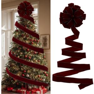 Extra Large Christmas Tree Topper Bow Ribbon Wreath 12 Inch Burgundy Red Velvet Ribbon Wreath with 13ft Long Streamer Christmas Tree Garland for Staircase Porch Columns Xmas Holiday Decor
