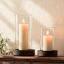 Ronasip Set of 2 Hurricane Candle Holders with Wood Base & Glass Cylinder (4.2x5.9 & 4.6x7.8) Rustic Wooden Candle Holders for Home Decor, Weddings, Table Centerpieces (2, Brown)