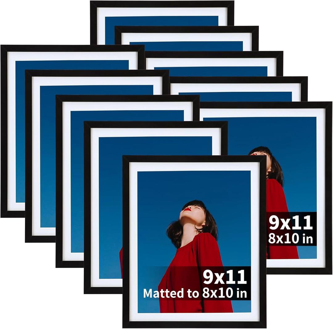 Lavezee 9x11 Black Picture Frame Set of 10, Bulk Collage Frames for Photos 8x10 with Mat or 9x11 without Mat, Table Top and Wall Mounting Decor